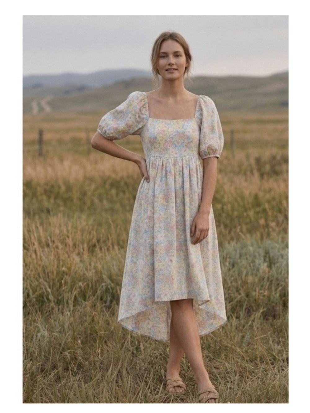 Jillian Harris x Joe Fresh floral linen/cotton blend dress with puff sleeves